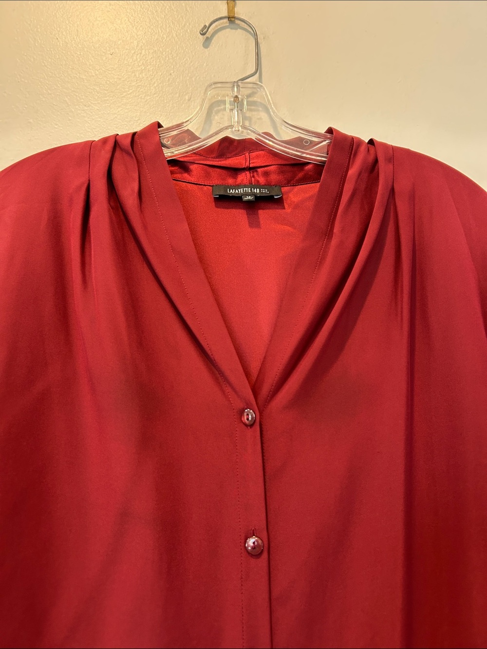 Lafayette 148 New York Burgundy Button-Front Draped Collar Shirt - Picture 3 of 6